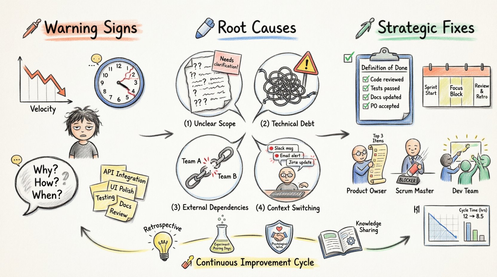 Marker-style infographic illustrating how to troubleshoot stagnant Scrum sprints: warning signs like missed commitments and high WIP, root causes including unclear scope and technical debt, strategic fixes such as refining Definition of Done and improving sprint planning, role-specific actions for Product Owner, Scrum Master, and Dev Team, plus metrics guidance and continuous improvement practices for sustainable agile delivery