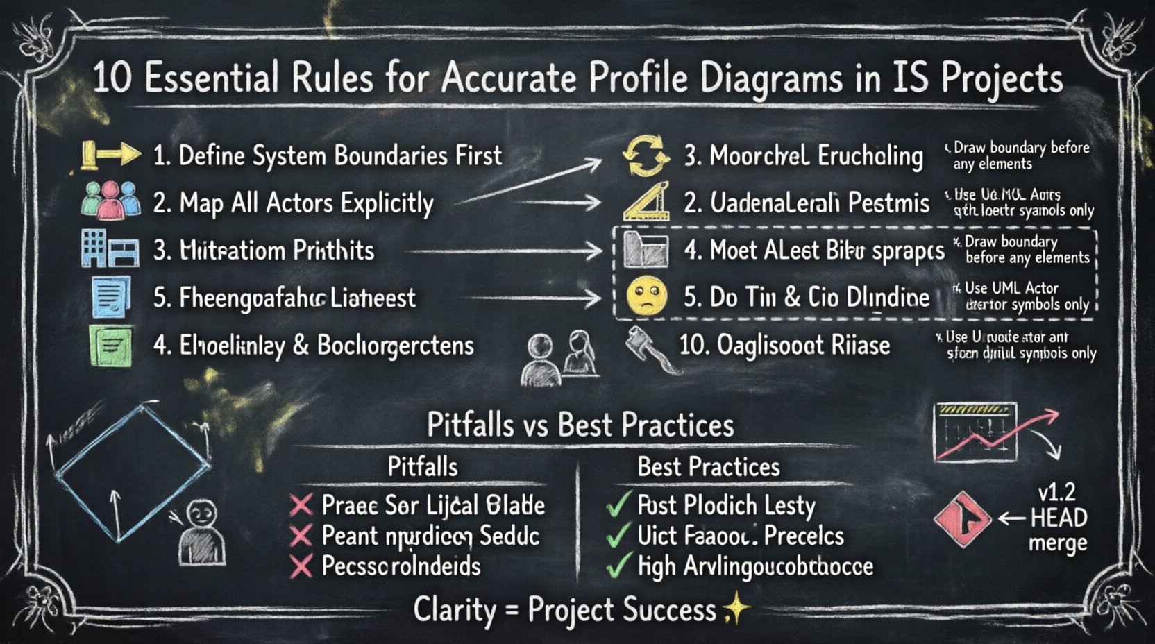 Chalkboard-style infographic illustrating 10 essential rules for creating accurate profile diagrams in Information Systems projects: define system boundaries, catalog actors, map data flows, distinguish internal/external processes, maintain consistent notation, ensure requirement traceability, validate with stakeholders early, implement version control, review for logic ambiguity, and align interfaces with technical constraints. Hand-written teacher aesthetic with colorful chalk icons, directional arrows, and a pitfalls-vs-best-practices comparison table on a black chalkboard background.