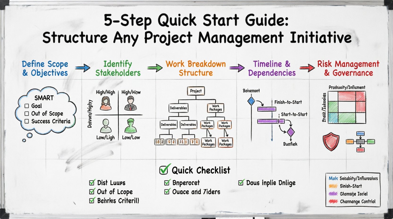 Hand-drawn whiteboard infographic illustrating a 5-step project management framework: Step 1 Define Scope with SMART objectives, Step 2 Map Stakeholders using power-interest matrix, Step 3 Build Work Breakdown Structure hierarchy, Step 4 Sequence Timeline with dependencies and milestones, Step 5 Implement Risk Management and governance controls - all connected in a visual workflow with color-coded markers, checklist summary, and educational annotations for project planning success