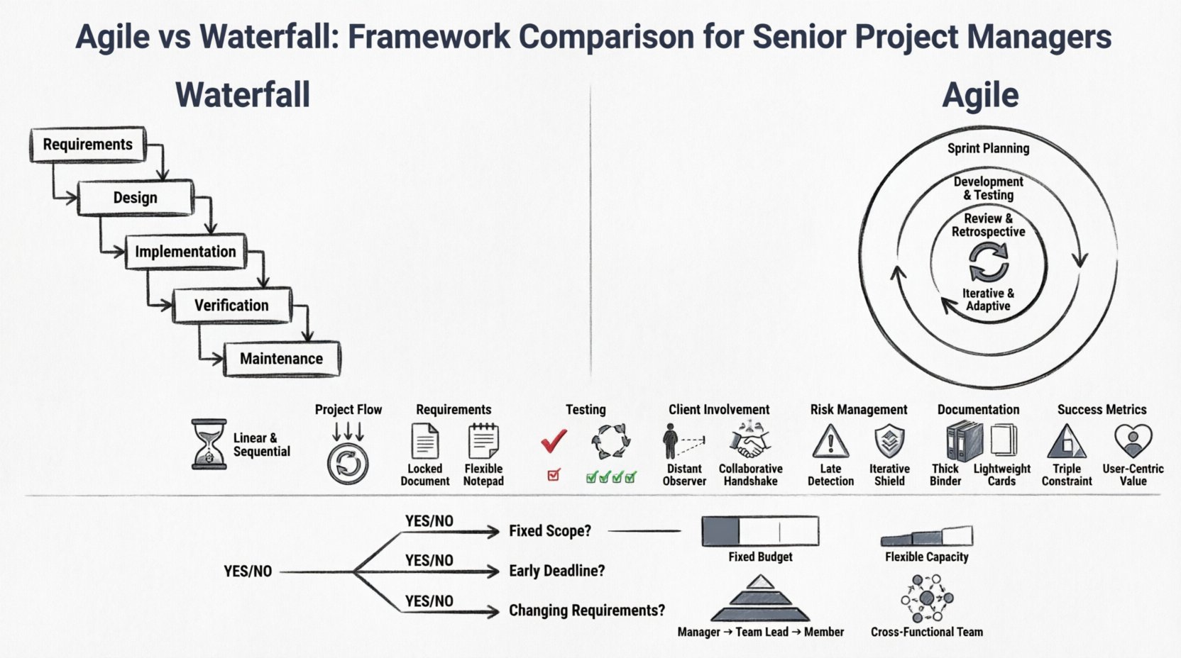 Line art infographic comparing Agile and Waterfall project management methodologies for senior project managers, featuring side-by-side visual comparison of project flow, requirements flexibility, testing approach, client involvement, risk management strategies, documentation styles, team structures, budgeting models, and stakeholder communication patterns, with decision matrix checklist for framework selection