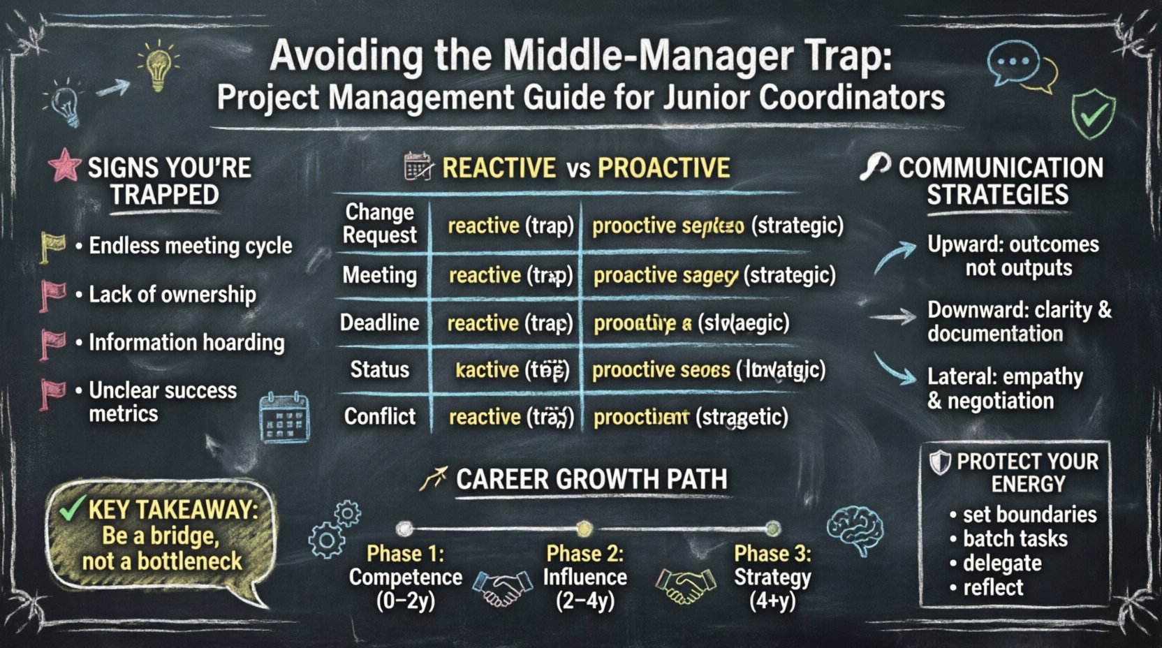 Chalkboard-style infographic guide for junior project coordinators on avoiding the middle-manager trap, featuring signs of being stuck, reactive vs proactive comparison table, upward/downward/lateral communication strategies, career growth phases timeline, and tips for protecting mental energy, all presented in hand-written teacher-style chalk aesthetic on dark slate background