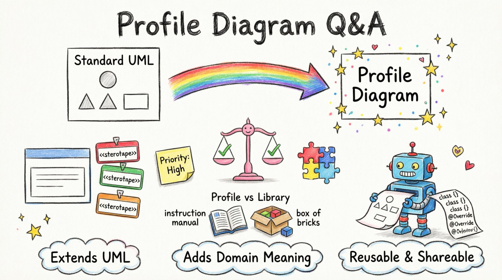 A playful child's drawing style infographic explaining UML Profile Diagram fundamentals with colorful hand-drawn illustrations showing stereotypes as name tags with << >> symbols, tagged values as sticky notes, constraints as friendly balance scales, and metaclasses as interlocking puzzle pieces, all connected with wobbly crayon arrows demonstrating how profiles extend standard UML for domain-specific modeling in aerospace, medical, or automotive fields, with simple comparison visuals for Profile vs Class Diagram and Profile vs Library, plus key takeaways about reusability, code generation, and validation presented in a fun, accessible visual format for students and learners”/></figure>
</div>

<h2>1. What exactly is a Profile Diagram? 🤔</h2>

<p>A Profile Diagram is a specialized type of diagram used to extend the Unified Modeling Language (UML) to suit specific application domains. Standard UML provides a general-purpose set of notations. However, industries like aerospace, medical devices, or automotive engineering have unique requirements that standard symbols cannot capture efficiently.</p>

<ul>
<li><strong>Extension Mechanism:</strong> It allows users to define new metaclasses.</li>
<li><strong>Domain Specificity:</strong> It tailors the modeling language to a specific context.</li>
<li><strong>Reusability:</strong> Profiles can be packaged and reused across multiple projects.</li>
</ul>

<p>Think of a Profile as a dictionary of terms added to the base language. It does not replace the standard UML but augments it with new semantics.</p>

<h2>2. How does a Profile differ from a standard Class Diagram? 📊</h2>

<p>Students often confuse the two because both involve classes and attributes. The distinction lies in intent and scope.</p>

<table>
<thead>
<tr>
<th>Feature</th>
<th>Profile Diagram</th>
<th>Standard Class Diagram</th>
</tr>
</thead>
<tbody>
<tr>
<td>Primary Purpose</td>
<td>Define extensions to the language</td>
<td>Model system structure and behavior</td>
</tr>
<tr>
<td>Scope</td>
<td>Metamodel level (defines rules)</td>
<td>Model level (defines instances)</td>
</tr>
<tr>
<td>Usage</td>
<td>Used to create other diagrams</td>
<td>Used to document the application</td>
</tr>
<tr>
<td>Components</td>
<td>Stereotypes, Tagged Values, Constraints</td>
<td>Classes, Associations, Inheritance</td>
</tr>
</tbody>
</table>

<h2>3. What is a Stereotype? 🏷️</h2>

<p>A stereotype is the core building block of a profile. It is a way to classify elements within the model. When you apply a stereotype to a standard UML element, you change its meaning.</p>

<ul>
<li><strong>Notation:</strong> Typically displayed in guillemets like <code><<Component>></code>.</li>
<li><strong>Function:</strong> It adds semantic meaning without changing the underlying structure.</li>
<li><strong>Example:</strong> Applying <code><<Entity>></code> to a class might indicate it maps directly to a database table.</li>
</ul>

<p>Without stereotypes, a class is just a generic container. With them, it becomes a specific domain object.</p>

<h2>4. What are Tagged Values and why are they needed? 📝</h2>

<p>Tagged values allow you to store additional data associated with a model element. They function like custom attributes for the model itself.</p>

<ul>
<li><strong>Metadata Storage:</strong> They hold information that is not part of the visual diagram but is crucial for processing.</li>
<li><strong>Code Generation:</strong> Values can drive the generation of source code or configuration files.</li>
<li><strong>Customization:</strong> You define the tags when creating the profile.</li>
</ul>

<p>For instance, a profile might define a tag named <code>Priority</code>. Any class in the system can then have a <code>Priority</code> value assigned to it, which might influence scheduling logic.</p>

<h2>5. How do Constraints work within a Profile? ⚖️</h2>

<p>Constraints are rules that restrict how elements can be used. In a profile, you can define specific rules that apply to the stereotypes you create.</p>

<ul>
<li><strong>OCL:</strong> Object Constraint Language is often used to formalize these rules.</li>
<li><strong>Validation:</strong> They ensure model integrity before code generation.</li>
<li><strong>Logic:</strong> They define relationships, such as “A <code><<Server>>