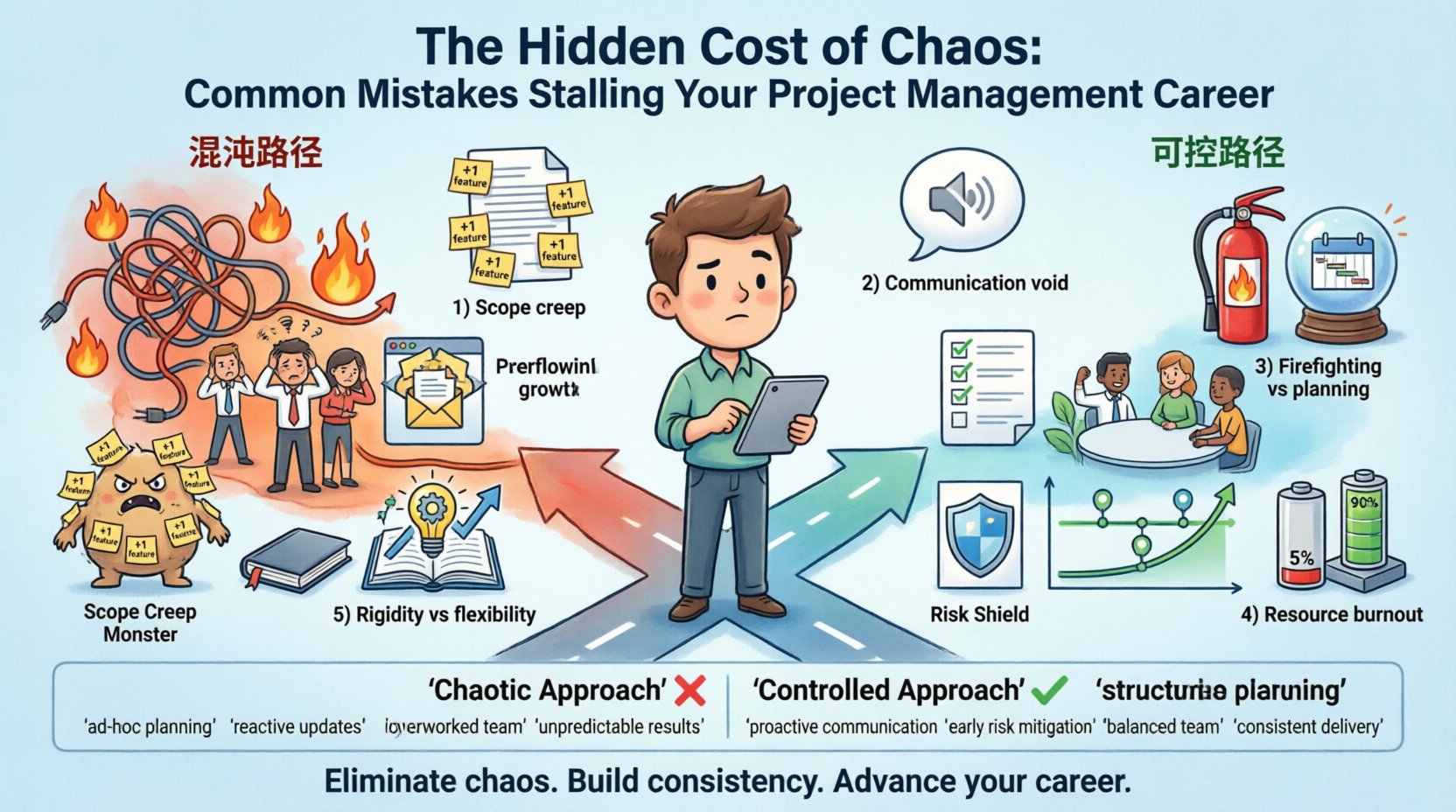 Cartoon infographic illustrating six common project management mistakes that stall careers: poor scope definition, communication gaps, reactive firefighting, resource burnout, rigidity, and neglected professional development. Shows contrast between chaotic approaches (red/orange visuals with warning signs) and controlled approaches (blue/green visuals with checkmarks), featuring a central project manager character at a crossroads with visual icons for each mistake and a comparison table highlighting the path to career growth through consistency and proactive management.