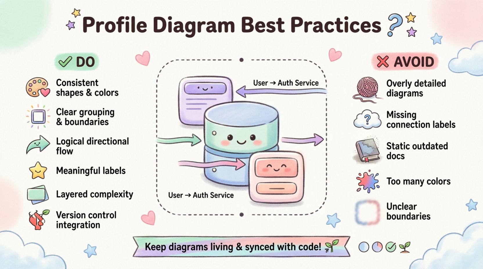 Cute kawaii-style infographic illustrating best practices for readable and maintainable profile diagrams in software teams, featuring pastel-colored rounded components, clear visual hierarchy, consistent naming conventions, version control integration, directional flow arrows, grouped boundaries, and common pitfalls to avoid—all designed with simplified vector shapes, soft mint/lavender/peach color palette, and friendly decorative elements for approachable technical documentation guidance
