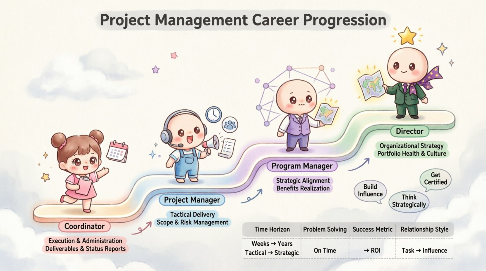 Adorable kawaii-style infographic illustrating the project management career progression from Coordinator to Director, featuring four pastel-colored levels with cute character icons, key responsibilities, focus areas, and skill shifts including execution, tactical delivery, strategic alignment, and organizational leadership in a 16:9 landscape format