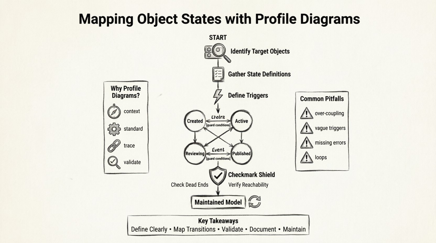 Line art infographic illustrating a step-by-step guide to mapping object states with profile diagrams: shows workflow from identifying target objects, gathering state definitions, defining triggers, through creating state machines with transitions and guard conditions, to validation and maintenance; includes key benefits (contextual clarity, standardization, traceability, validation) and common pitfalls to avoid; designed for software architects and business analysts modeling system behavior