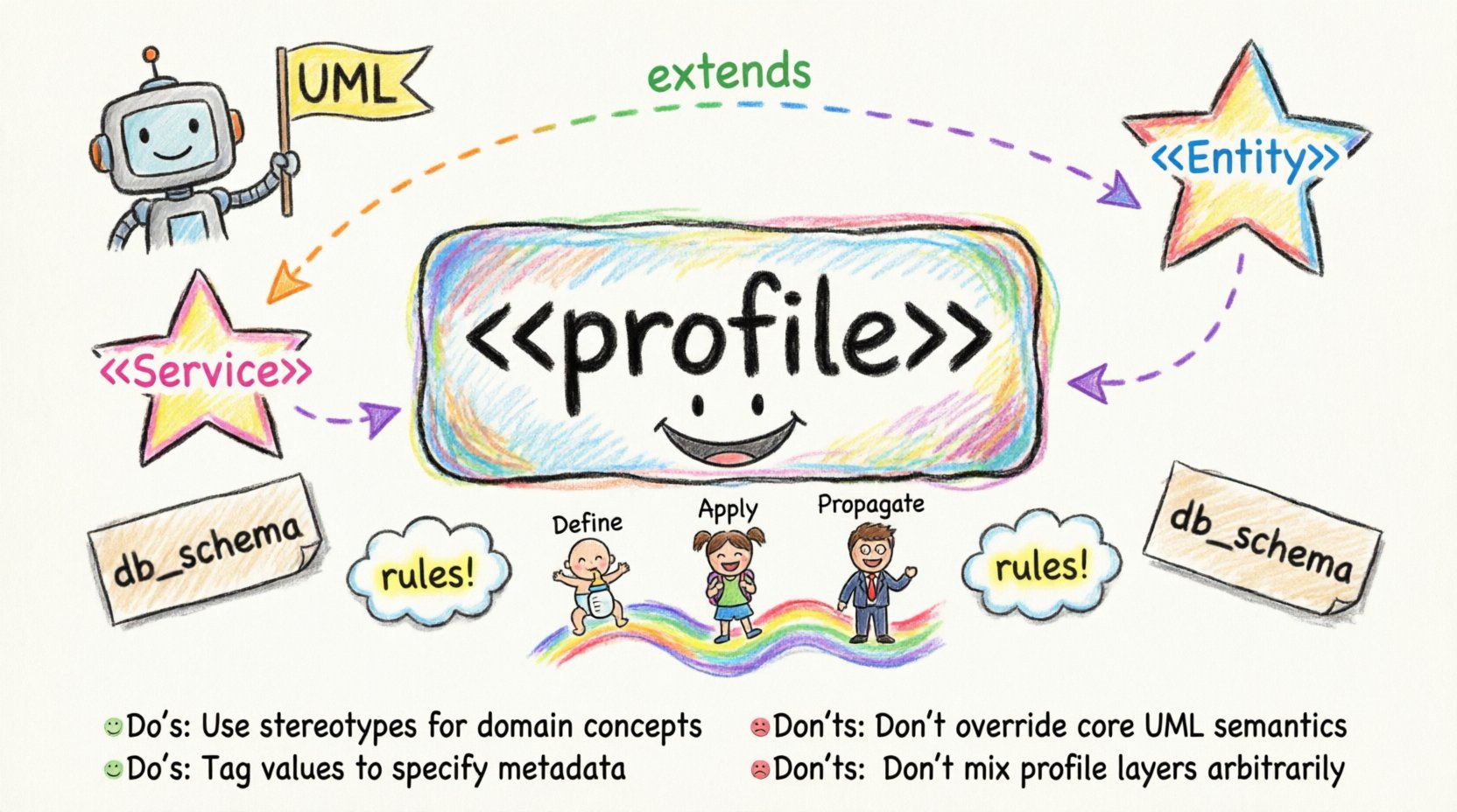 Child's drawing style infographic explaining UML Profile Diagram components: colorful profile package box, star-shaped stereotypes like Service and Entity, tag labels for metadata, sticky-note constraints, dashed dependency arrows, and a playful three-step lifecycle flow showing Define-Apply-Propagate phases, all in bright crayon colors with handwritten text