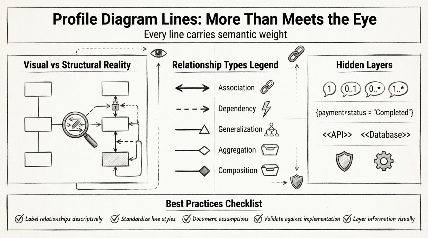 Line art infographic illustrating the hidden complexity behind profile diagram lines in software architecture, featuring visual legend of relationship types (association, dependency, generalization, aggregation, composition), multiplicity notations (1, 0..1, 0..*, 1..*), constraint examples, stereotype markers, and best practices checklist for robust UML modeling