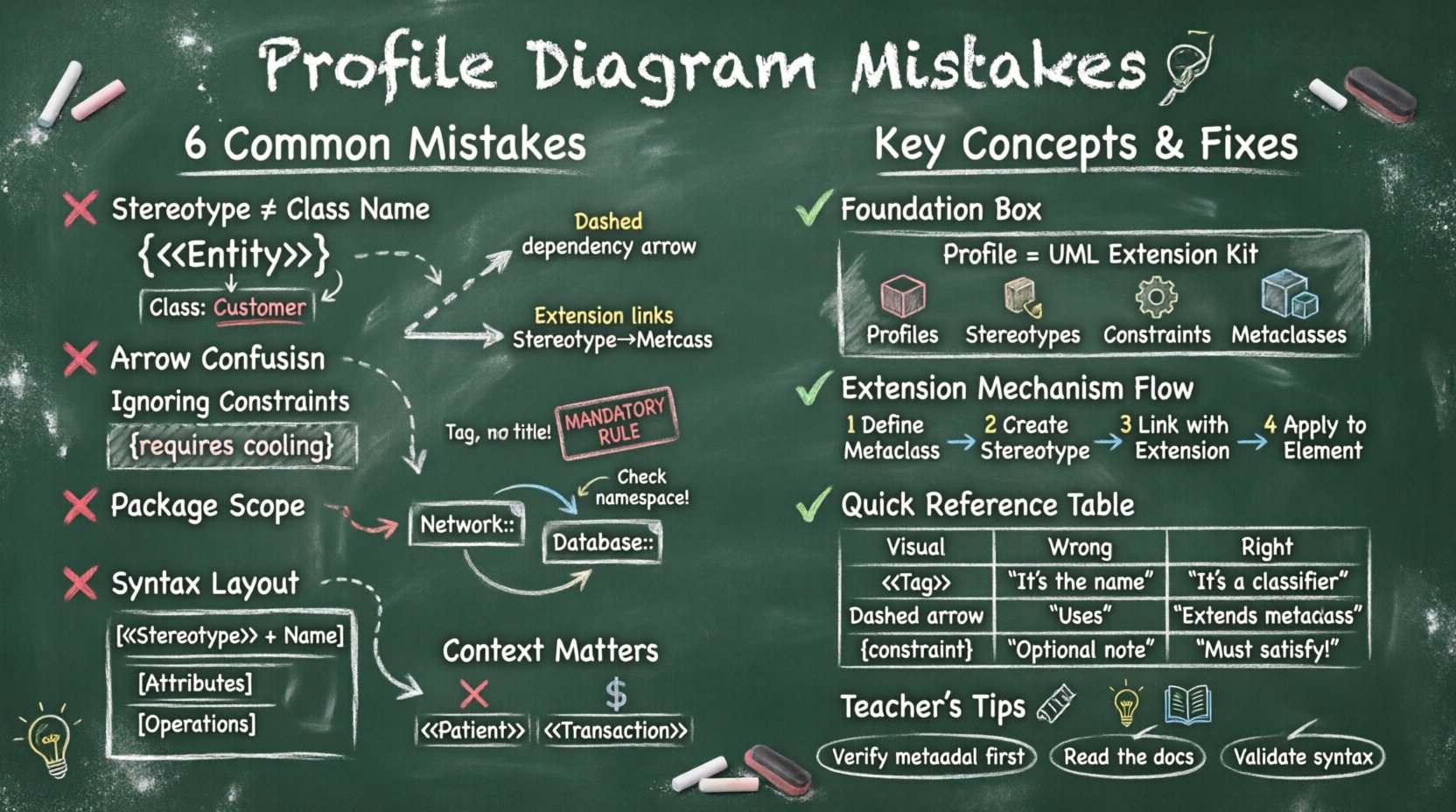Chalkboard-style educational infographic showing 6 common mistakes in interpreting UML Profile Diagram notations: confusing stereotypes with class names, misreading dependency arrows, ignoring constraint rules, overlooking package namespaces, syntax layout errors, and domain context misalignment; includes teacher-style corrections, extension mechanism flowchart, and quick-reference table for SysML and Model Driven Architecture students