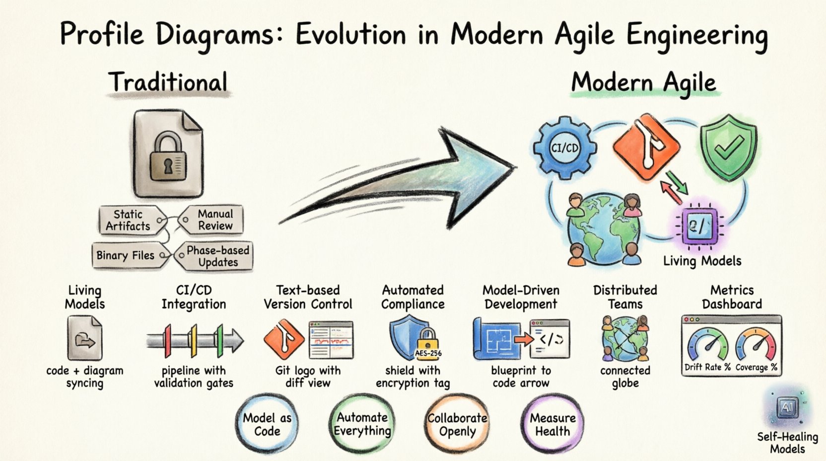 Infographic illustrating the evolution of Profile Diagrams in modern Agile engineering: transformation from static documentation to living, version-controlled models integrated with CI/CD pipelines, featuring automated validation, model-driven development, distributed team collaboration, and key metrics for diagram health, rendered in marker illustration style