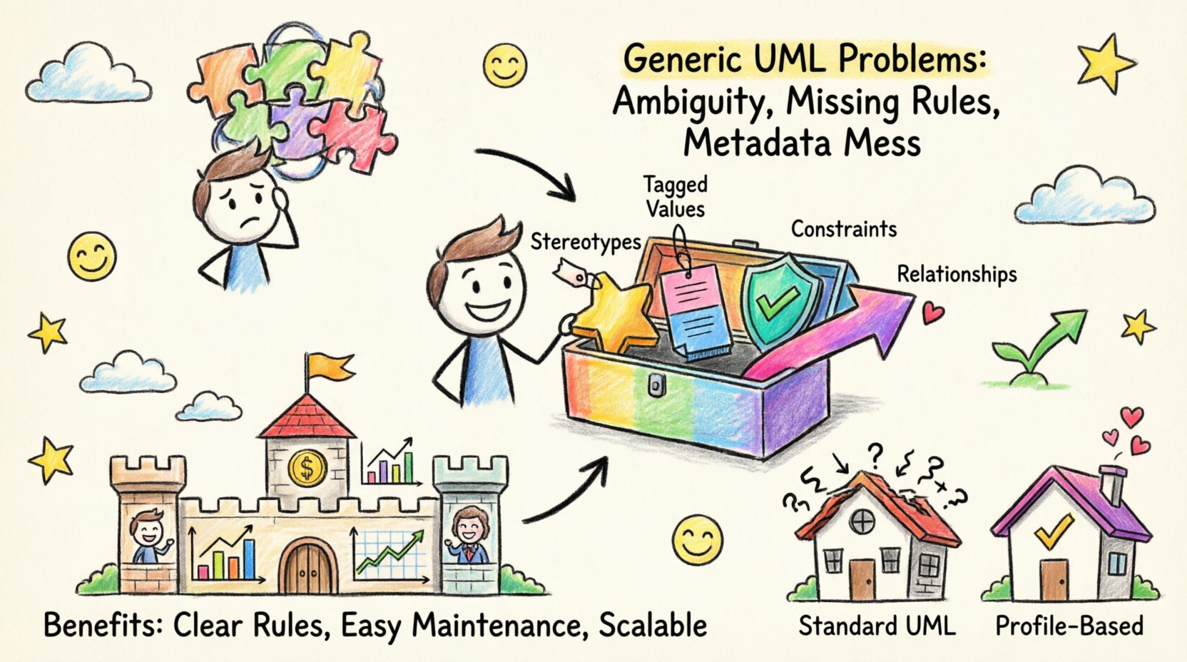 Hand-drawn child-style infographic explaining Profile Diagrams for data modeling: shows journey from generic UML challenges (puzzle pieces, confusion) to domain-specific solutions using stereotypes, tagged values, and constraints, with financial case study benefits like clear rules, easy maintenance, and scalability, all in bright crayon colors with playful icons