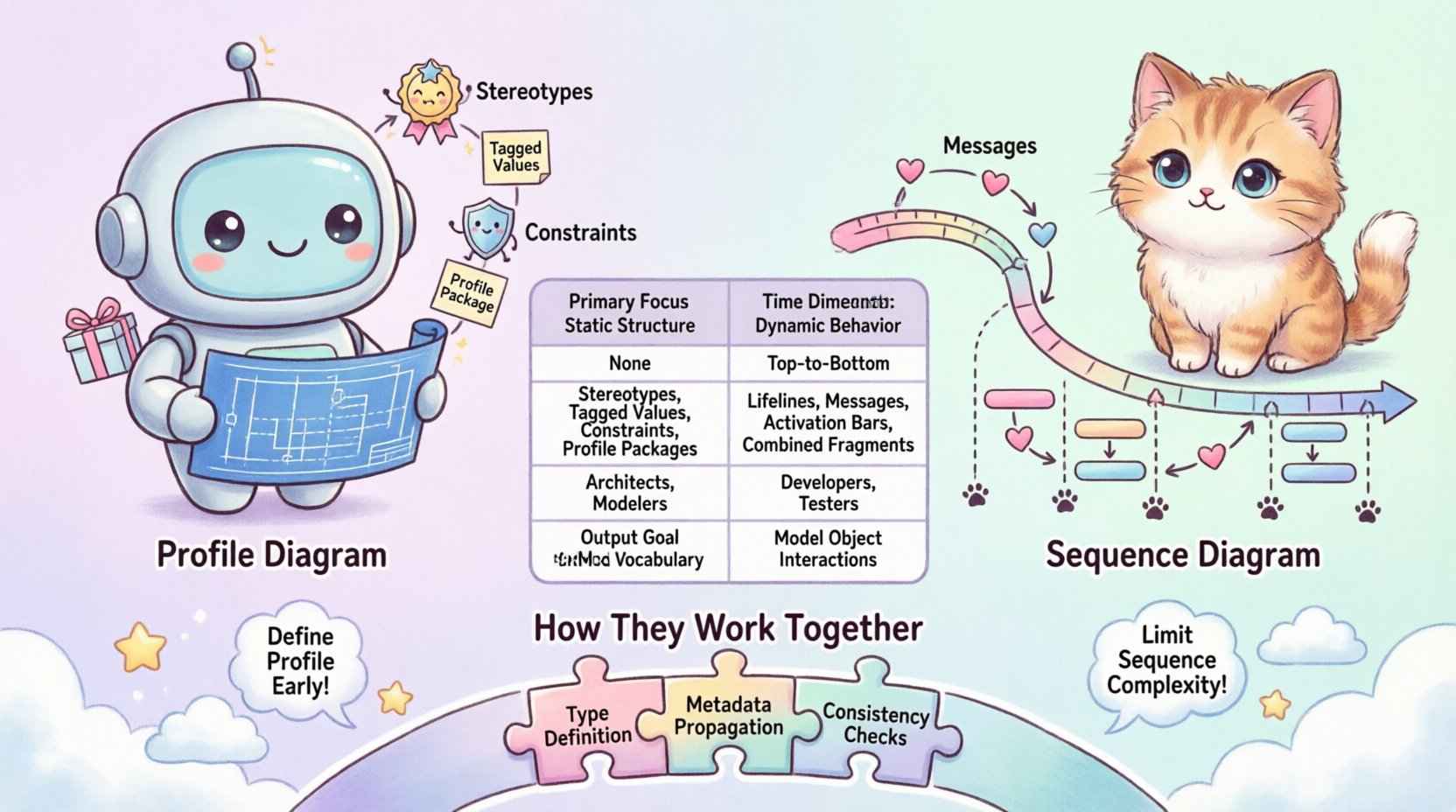 Kawaii-style infographic comparing UML Profile Diagram and Sequence Diagram: illustrates static structure vs dynamic behavior, key elements like stereotypes and lifelines, target audiences, and integration patterns for software architecture modeling