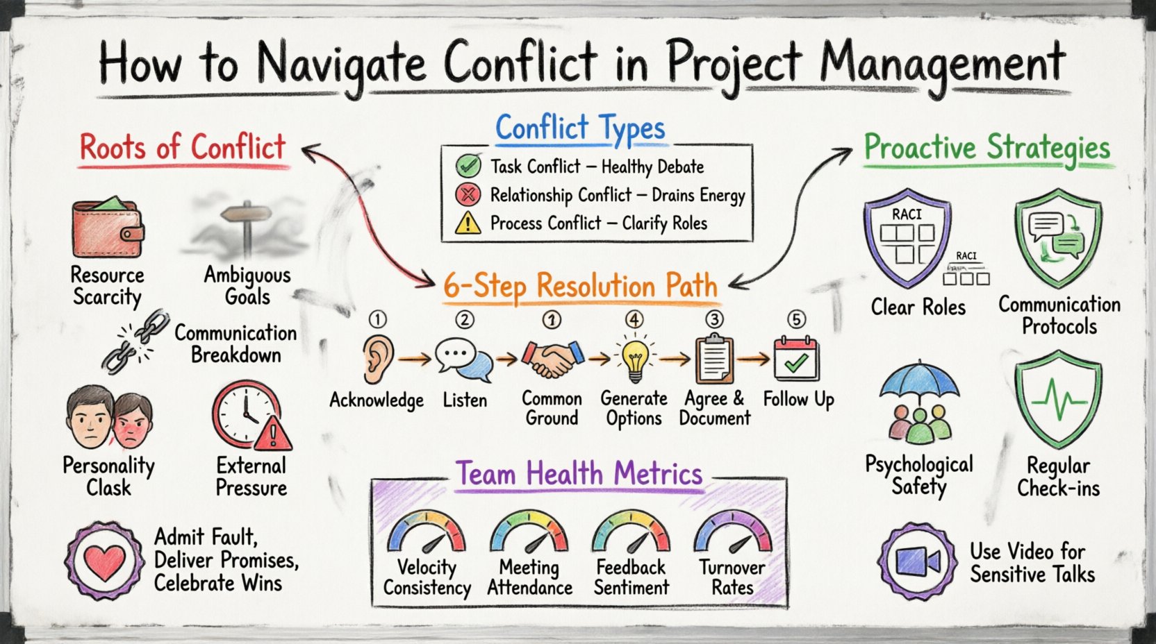 Hand-drawn whiteboard infographic showing how to navigate conflict in project management: roots of conflict (resource scarcity, ambiguous goals, communication breakdowns), three conflict types (task, relationship, process), six-step resolution process (acknowledge, listen, find common ground, generate options, agree, follow-up), proactive strategies (clear roles, communication protocols, psychological safety, check-ins), and team health metrics for maintaining momentum