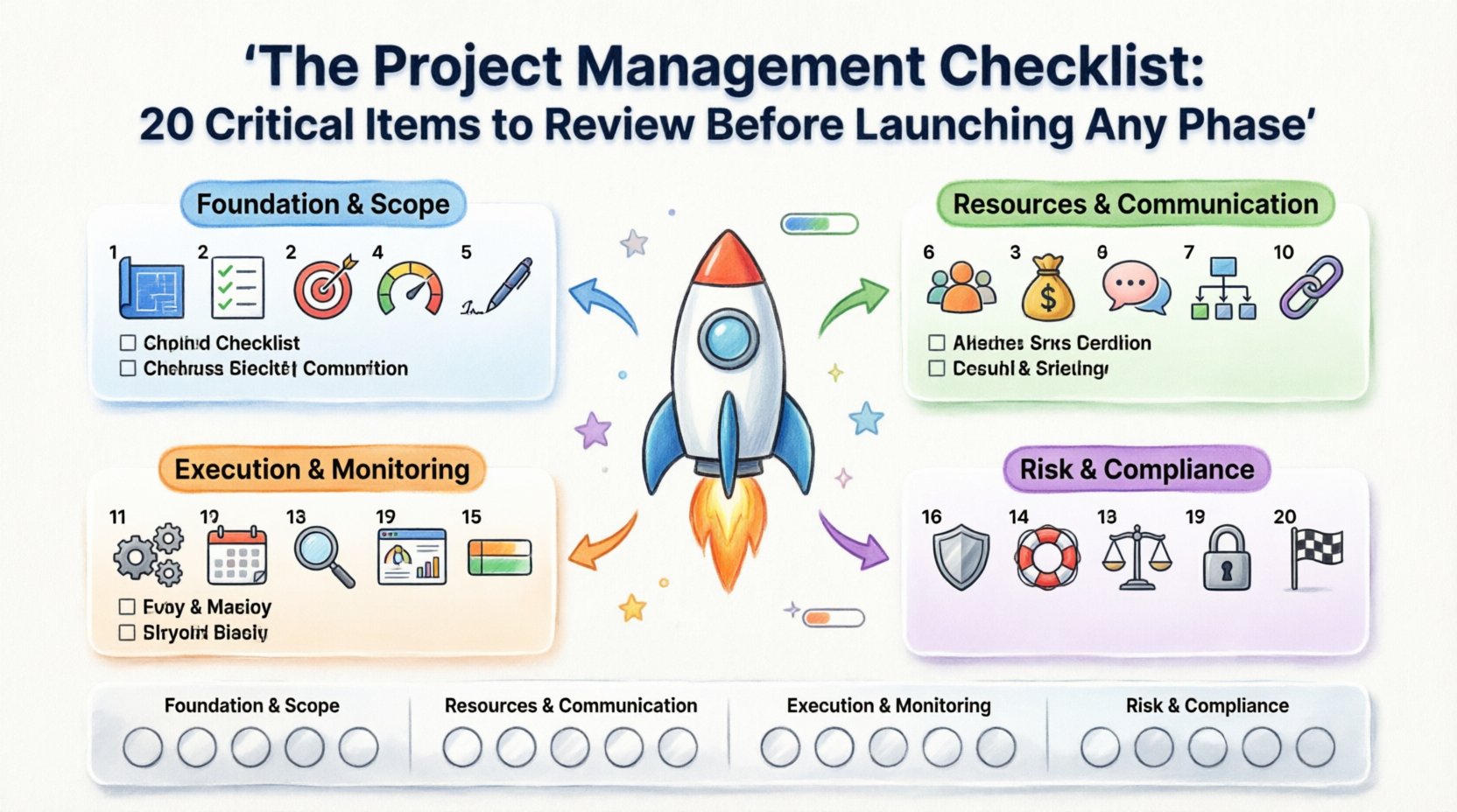 Cartoon infographic displaying the 20 critical project management checklist items organized into four categories: Foundation & Scope, Resources & Communication, Execution & Monitoring, and Risk & Compliance. Each category features five numbered checklist items with colorful icons including blueprints, teams, gears, and shields. The design uses a 16:9 layout with a central rocket launch motif symbolizing phase transitions, checkboxes for tracking completion, and a quick reference table at the bottom for easy project readiness assessment.