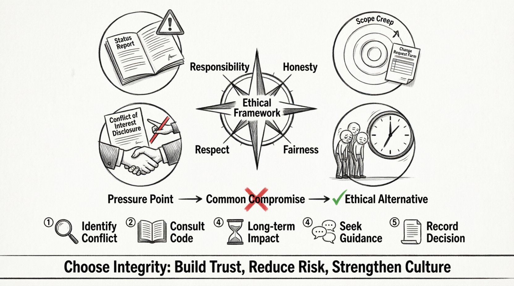 Line art infographic illustrating project management ethics framework showing four core values (responsibility, honesty, respect, fairness), common ethical gray areas including status reporting and scope creep, a decision matrix comparing compromises versus ethical alternatives, and a five-step framework for ethical decision-making when deadlines clash with integrity