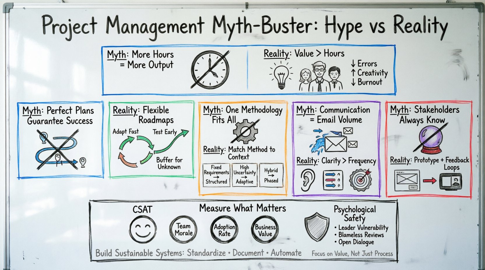 Hand-drawn whiteboard infographic debunking 5 project management myths: hours≠output, rigid plans≠success, one-size-fits-all methodology, email≠communication, stakeholders-always-know. Shows evidence-based alternatives: value-focused work, flexible roadmaps, context-appropriate methods, quality communication, prototyping with feedback. Includes metrics beyond deadlines (CSAT, morale, adoption, business value) and emphasizes psychological safety and sustainable systems.