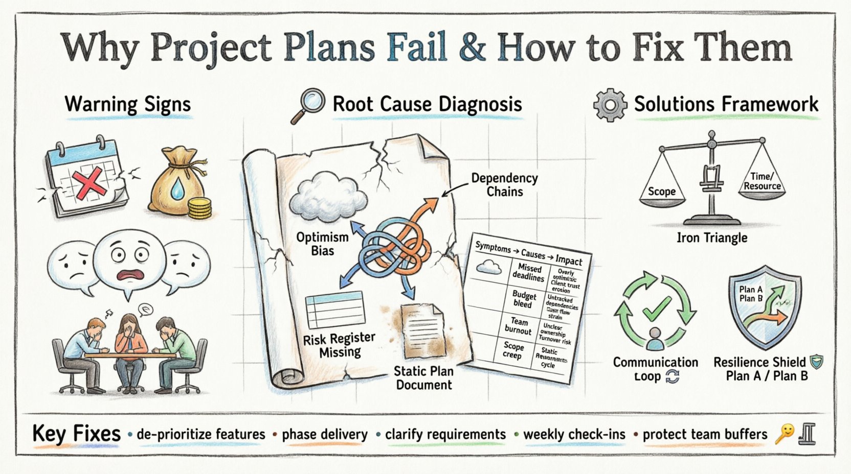 Marker-style infographic titled 'Why Project Plans Fail & How to Fix Them' showing a visual roadmap of project management failure diagnosis: warning signs (missed deadlines, budget bleed, team burnout, scope creep), root cause analysis (optimism bias, hidden dependencies, unclear ownership), the Iron Triangle balancing scope-time-resources, communication best practices, feedback loops, and resilience-building strategies with hand-drawn icons, soft colors, and clear visual hierarchy for educational use