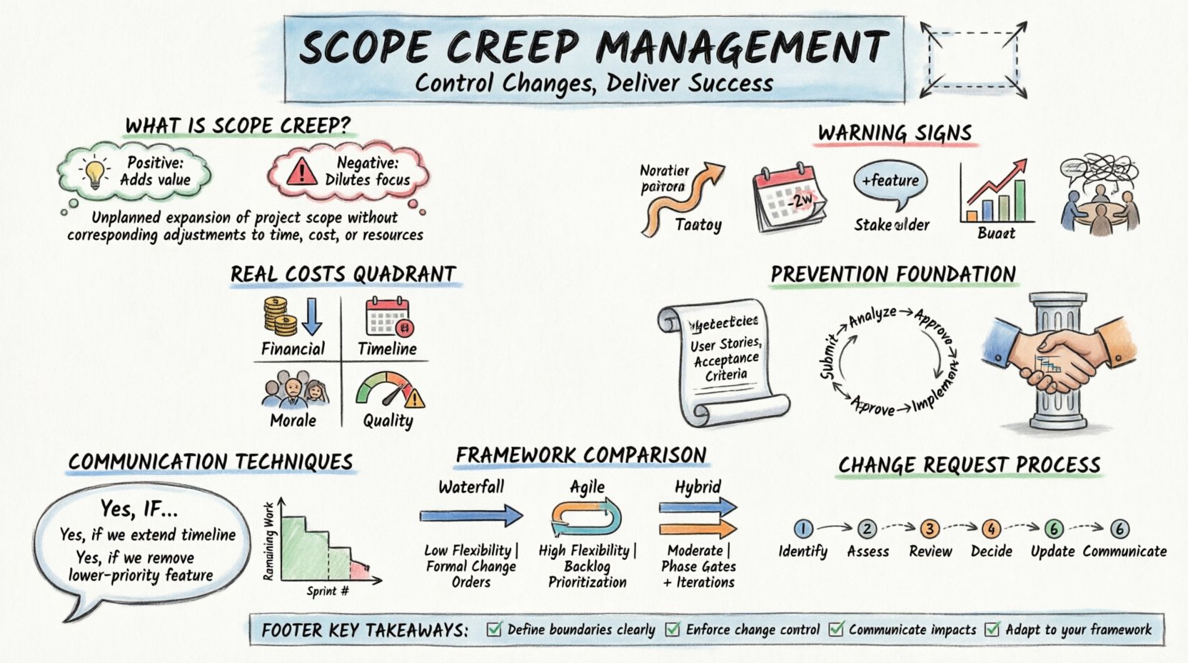 Marker-style infographic on managing scope creep in project management: defines positive vs negative scope creep, warning signs, financial/timeline/quality impacts, prevention strategies, framework comparisons (Waterfall/Agile/Hybrid), change control process flow, communication techniques like 'Yes, If', and recovery tactics - presented in hand-drawn illustration style with icons, charts, and clear visual hierarchy