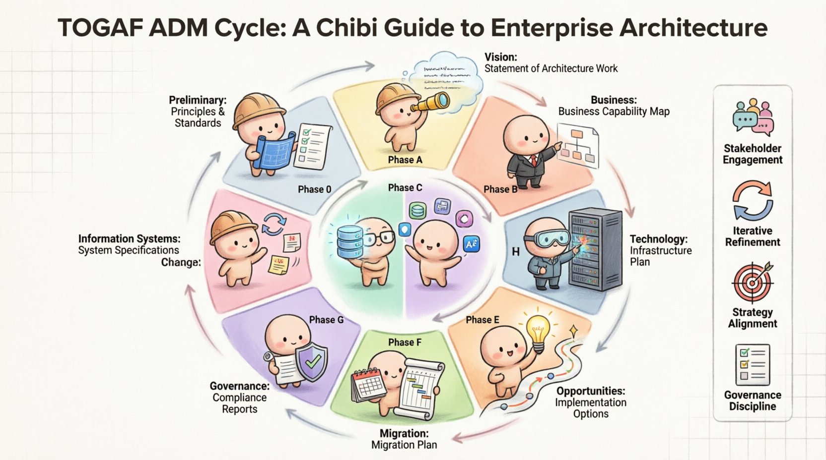 Chibi-style infographic illustrating the TOGAF Architecture Development Method (ADM) cycle with nine iterative phases from Preliminary to Change Management, featuring cute character representations, key deliverables like Business Capability Maps and Implementation Roadmaps, and success factors for enterprise architecture planning in a 16:9 layout