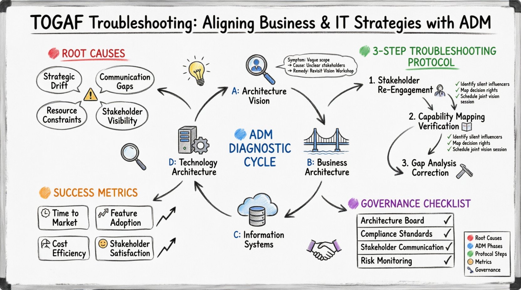 Hand-drawn whiteboard infographic illustrating TOGAF ADM troubleshooting framework for aligning business and IT strategies. Features color-coded sections: red markers highlight root causes of misalignment (strategic drift, communication gaps, resource constraints, stakeholder visibility); blue markers map the four key ADM diagnostic phases (Architecture Vision, Business Architecture, Information Systems, Technology Architecture) in a cyclical flow; green markers outline the 3-step troubleshooting protocol (stakeholder re-engagement, capability mapping verification, gap analysis correction); orange markers display success metrics (time to market, feature adoption, cost efficiency, stakeholder satisfaction); purple markers show governance checklist items. Visual connectors demonstrate the problem-to-solution workflow. Designed for enterprise architects and IT leaders seeking practical guidance on restoring strategic alignment using TOGAF Architecture Development Method.