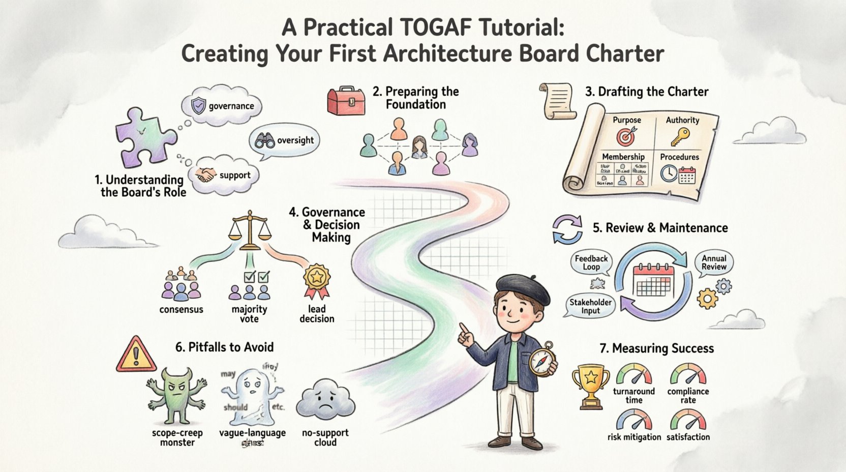 Whimsical infographic illustrating the 7-step TOGAF tutorial for creating an Architecture Board Charter: understanding board roles (governance, oversight, support), preparing foundations with stakeholder alignment, drafting charter content (purpose, authority, membership, procedures), governance decision-making models, review and maintenance cycles, avoiding common pitfalls, and measuring success with KPIs - playful watercolor and ink style with friendly architect character, pastel colors, and icon-driven visual storytelling for enterprise architecture audiences