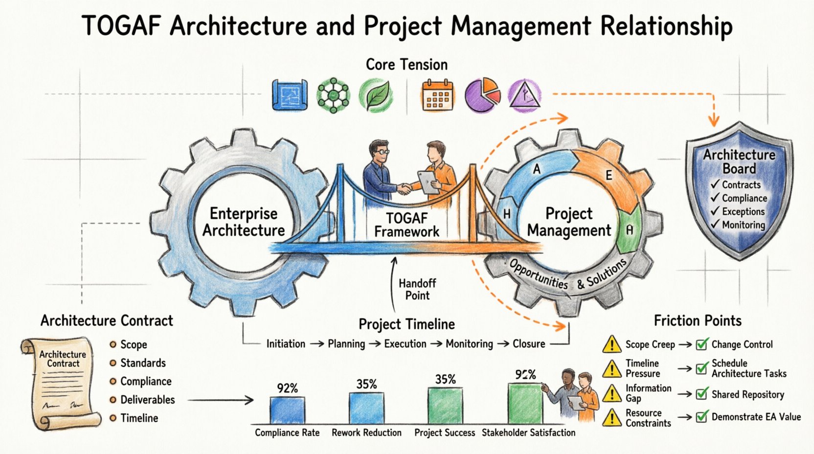 TOGAF framework infographic showing the relationship between Enterprise Architecture and Project Management, featuring ADM phases integration, Architecture Board governance, contract components, friction points with solutions, and success metrics in marker illustration style