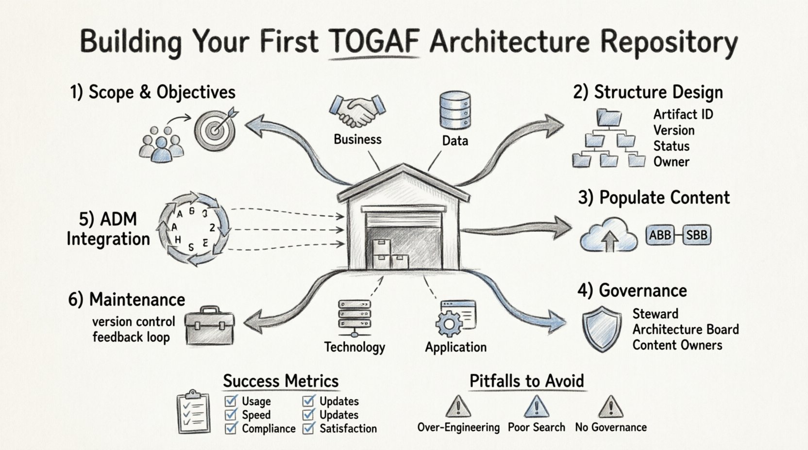 Hand-drawn sketch infographic illustrating a 6-step TOGAF tutorial for building an architecture repository: define scope with stakeholders, design structure with metadata standards, populate with ABBs and SBBs, establish governance roles, integrate with ADM cycle phases A-H, and maintain with version control; includes four architecture domains (Business, Data, Application, Technology), success metrics, and common pitfalls to avoid