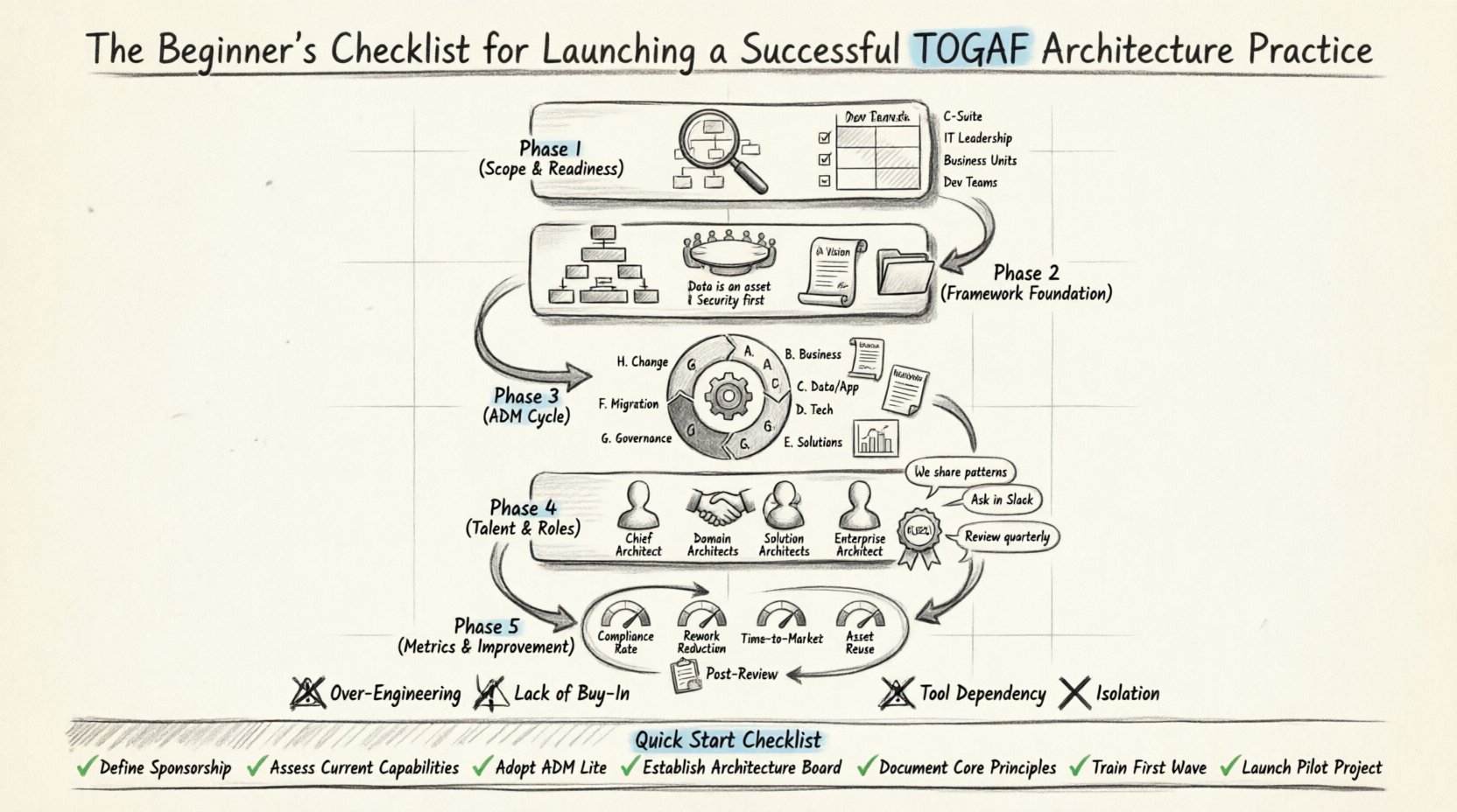 Sketch-style 16:9 infographic illustrating The Beginner's Checklist for Launching a Successful TOGAF Architecture Practice, featuring a hand-drawn roadmap with 5 phases: Scope & Readiness with stakeholder matrix, Framework Foundation with governance and principles, ADM Cycle diagram showing Phases A-H, Talent & Roles with architect silhouettes, and Metrics & Continuous Improvement with KPI gauges; includes common pitfalls warnings and a 7-item quick-start checklist; monochrome pencil aesthetic with light blue accents, designed as a visual guide for enterprise architecture professionals implementing TOGAF methodology