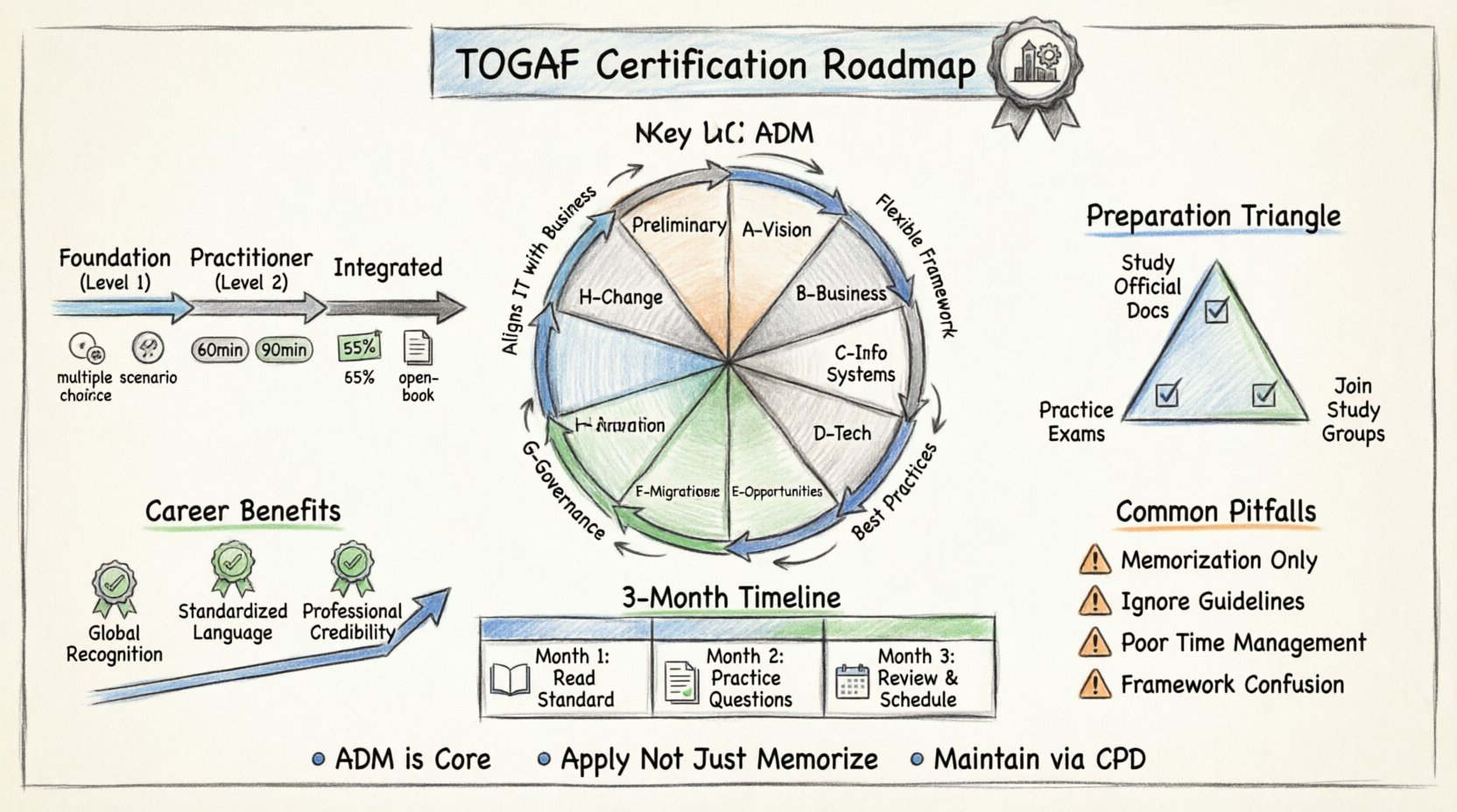 A sketch-style infographic in 16:9 ratio illustrating the TOGAF certification journey: framework overview with the 8-phase ADM cycle at center, two-level certification pathway (Foundation and Practitioner) with exam comparisons, three-pillar preparation strategy, common pitfalls to avoid, career benefits, and a 3-month study timeline, all rendered in hand-drawn pencil/ink aesthetic for intuitive visual learning.