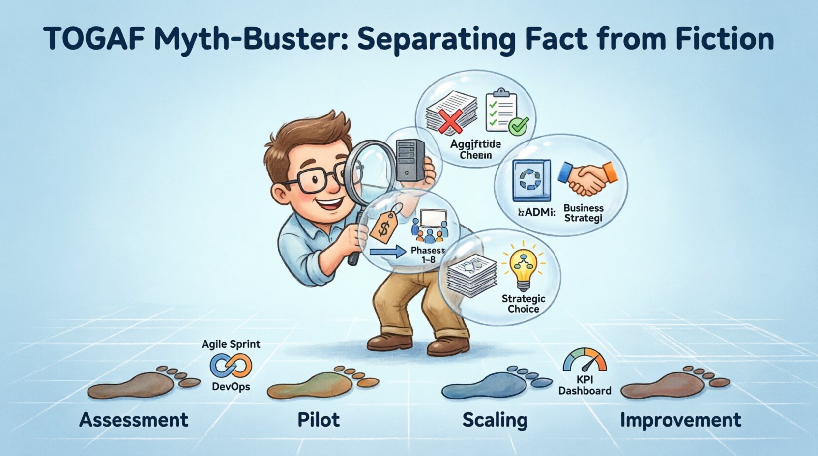 Cartoon infographic debunking 5 common TOGAF myths in enterprise architecture: showing TOGAF is scalable not bureaucratic, covers business strategy not just IT, works without expensive tools, uses iterative ADM cycle not linear process, and focuses on decision support not documentation - with implementation roadmap and key takeaways