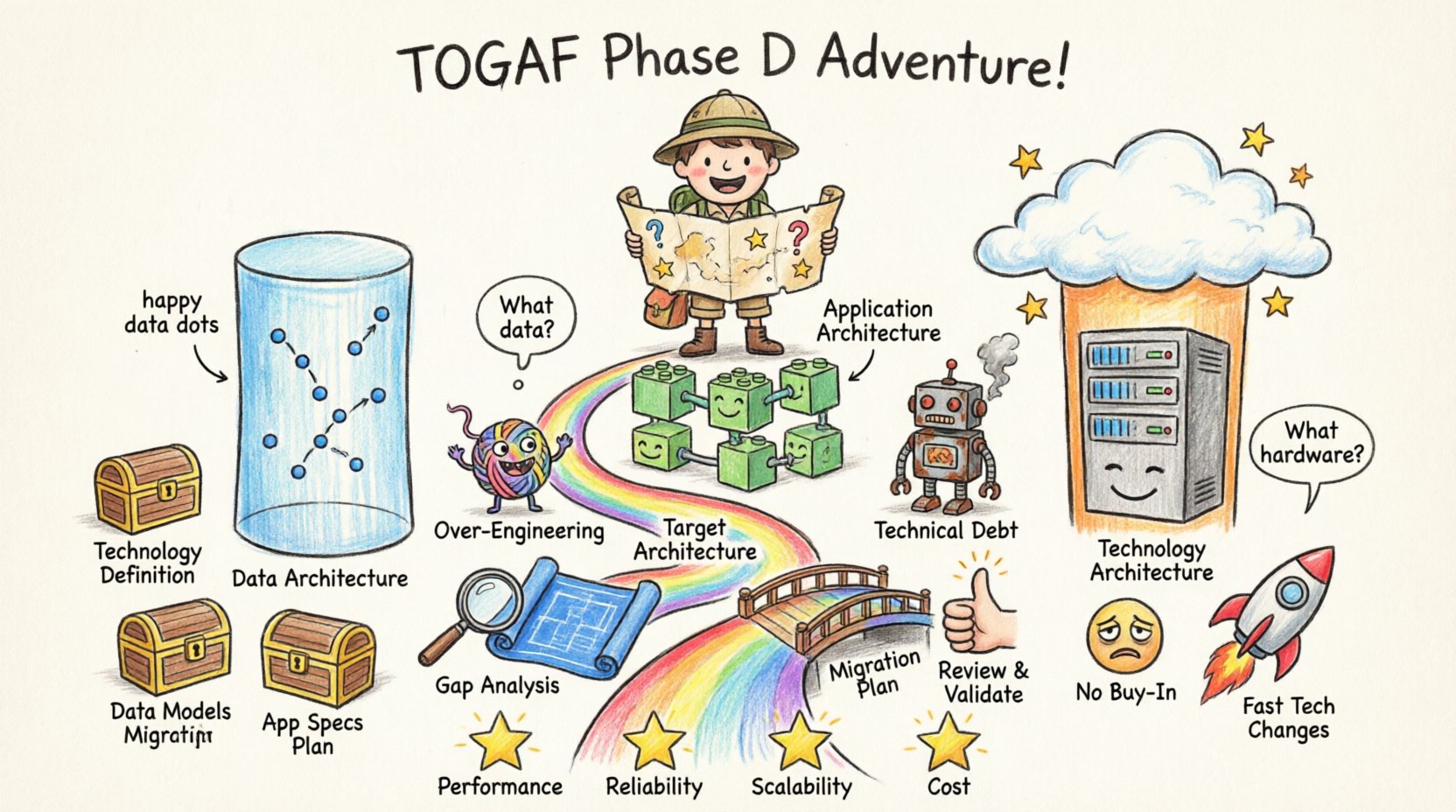 Child-style crayon drawing infographic explaining TOGAF Phase D Information Systems Architecture featuring three pillars (Data Architecture, Application Architecture, Technology Architecture), four-step process flow (Gap Analysis, Target Architecture, Migration Plan, Review), key deliverables as treasure chests, common challenges as friendly obstacles, and success metrics with playful explorer character and bright colors for beginner-friendly enterprise architecture learning