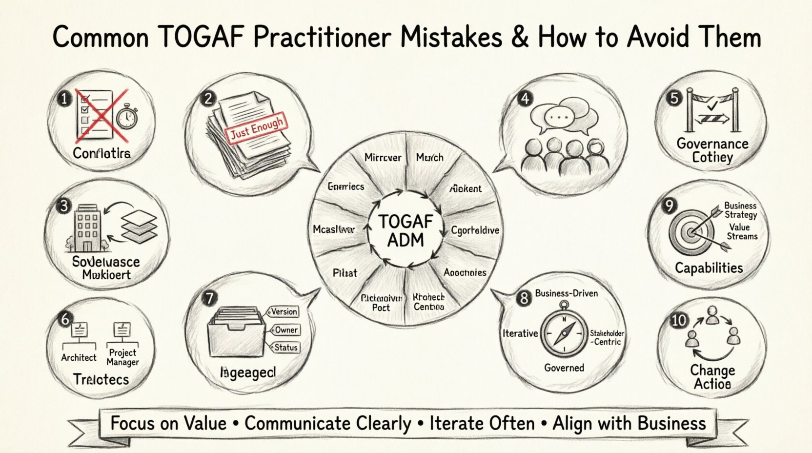 Sketch-style infographic illustrating 10 common mistakes new TOGAF practitioners make and how to avoid them, featuring iterative ADM cycle diagram, hand-drawn icons for each pitfall including linear checklist thinking, artifact over-engineering, neglecting business architecture, poor stakeholder management, skipping governance, role confusion, repository neglect, missing principles, strategic misalignment, and change management oversight, with corrective actions and key takeaways for enterprise architecture success