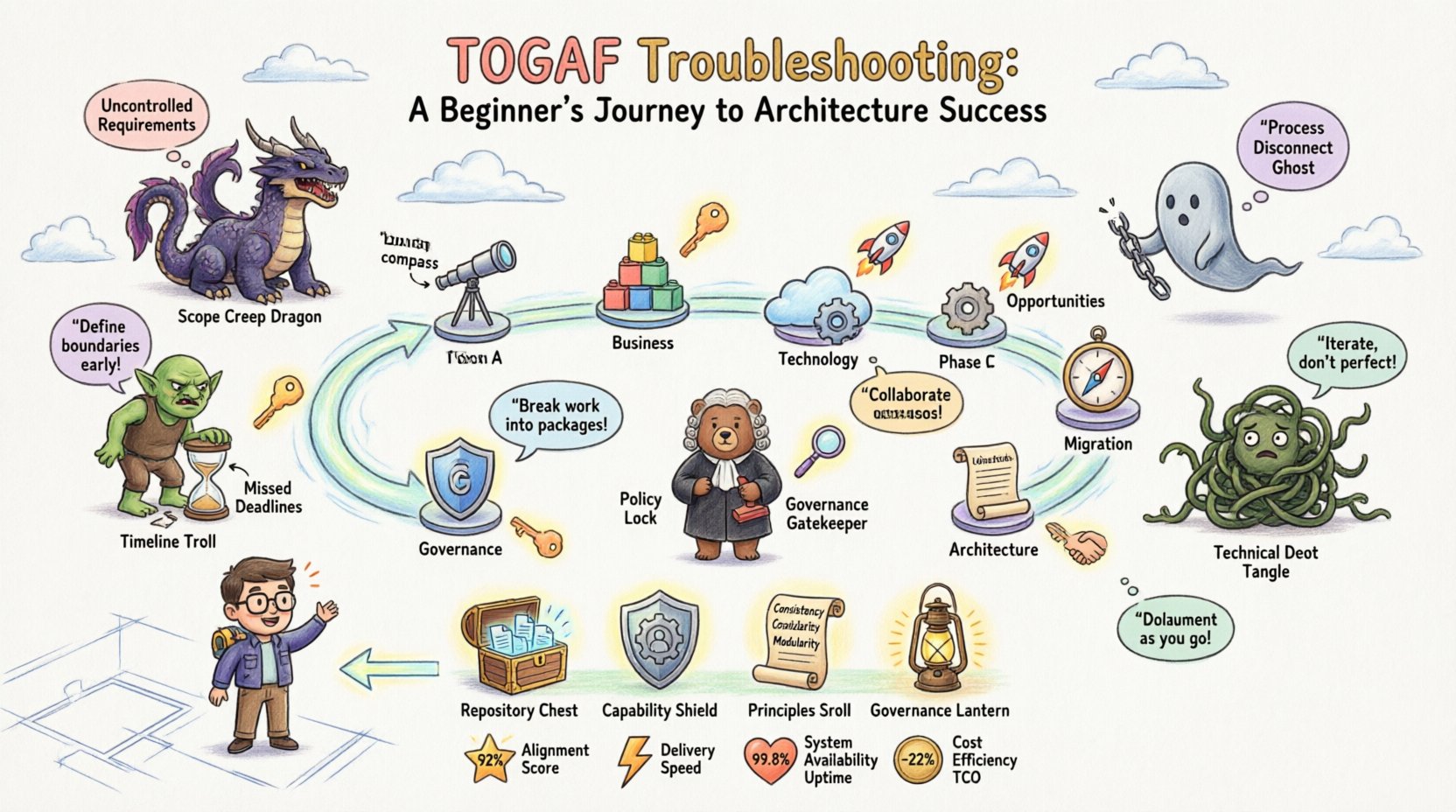 Whimsical infographic illustrating TOGAF ADM implementation hurdles and solutions for beginners: shows iterative Architecture Development Method cycle with Phase A-H icons, common challenges like scope creep and technical debt represented as playful monsters, paired with actionable solutions including stakeholder mapping, process validation, application rationalization, incremental delivery, and collaborative governance; features four TOGAF pillars (Repository, Capability, Standards, Governance), key KPIs, and pro tips for sustainable enterprise architecture success
