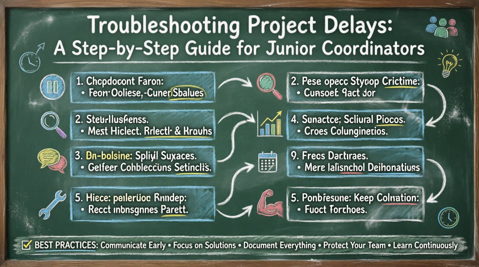 Chalkboard-style infographic showing an 8-step guide for junior coordinators to troubleshoot project delays: 1) Stop the Bleeding - verify and assess impact, 2) Root Cause Analysis - use 5 Whys technique, 3) Communication Strategy - frequent honest updates with options, 4) Resource Reallocation - reprioritize and adjust scope, 5) Revised Timeline - map dependencies and add buffers, 6) Monitoring - daily stand-ups and visual management, 7) Lessons Learned - retrospective documentation, 8) Emotional Resilience - self-care and focus on controllables. Hand-written teacher-style layout with chalk icons, arrows, and best practices summary on dark green blackboard background.