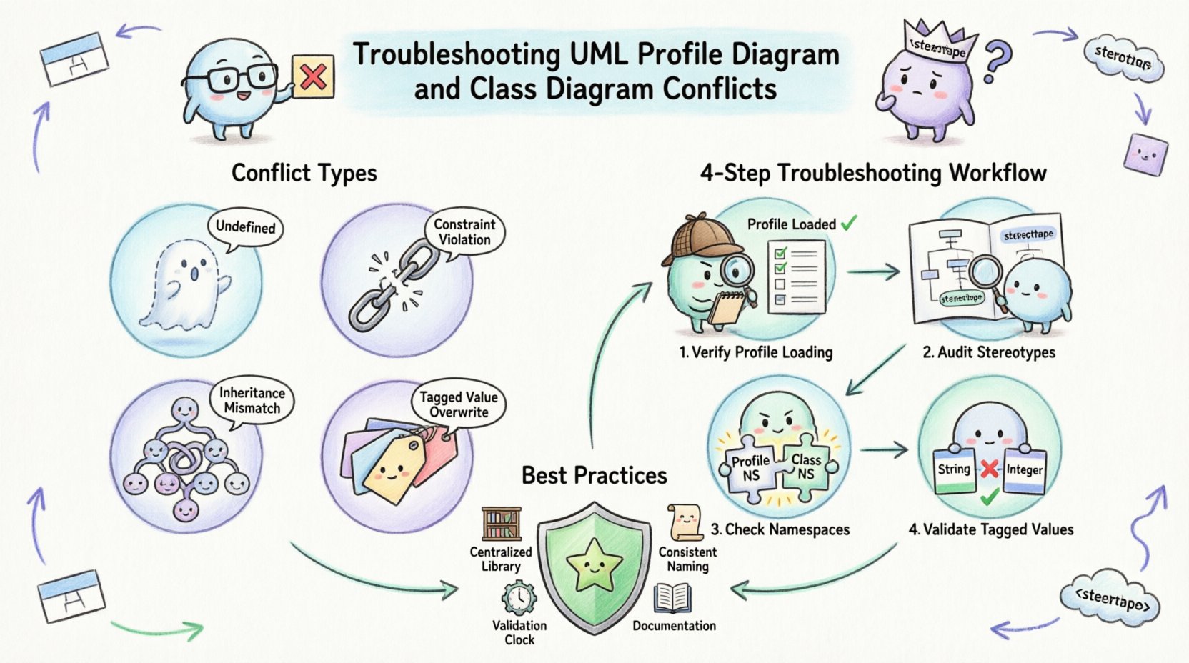 Chibi-style infographic illustrating UML profile and class diagram conflict troubleshooting: visualizes four common conflict types (undefined stereotype, constraint violation, inheritance mismatch, tagged value overwrite), a 4-step diagnostic workflow (verify profile loading, audit stereotypes, check namespaces, validate tagged values), and best practices shield with prevention strategies for maintaining consistent UML model architecture