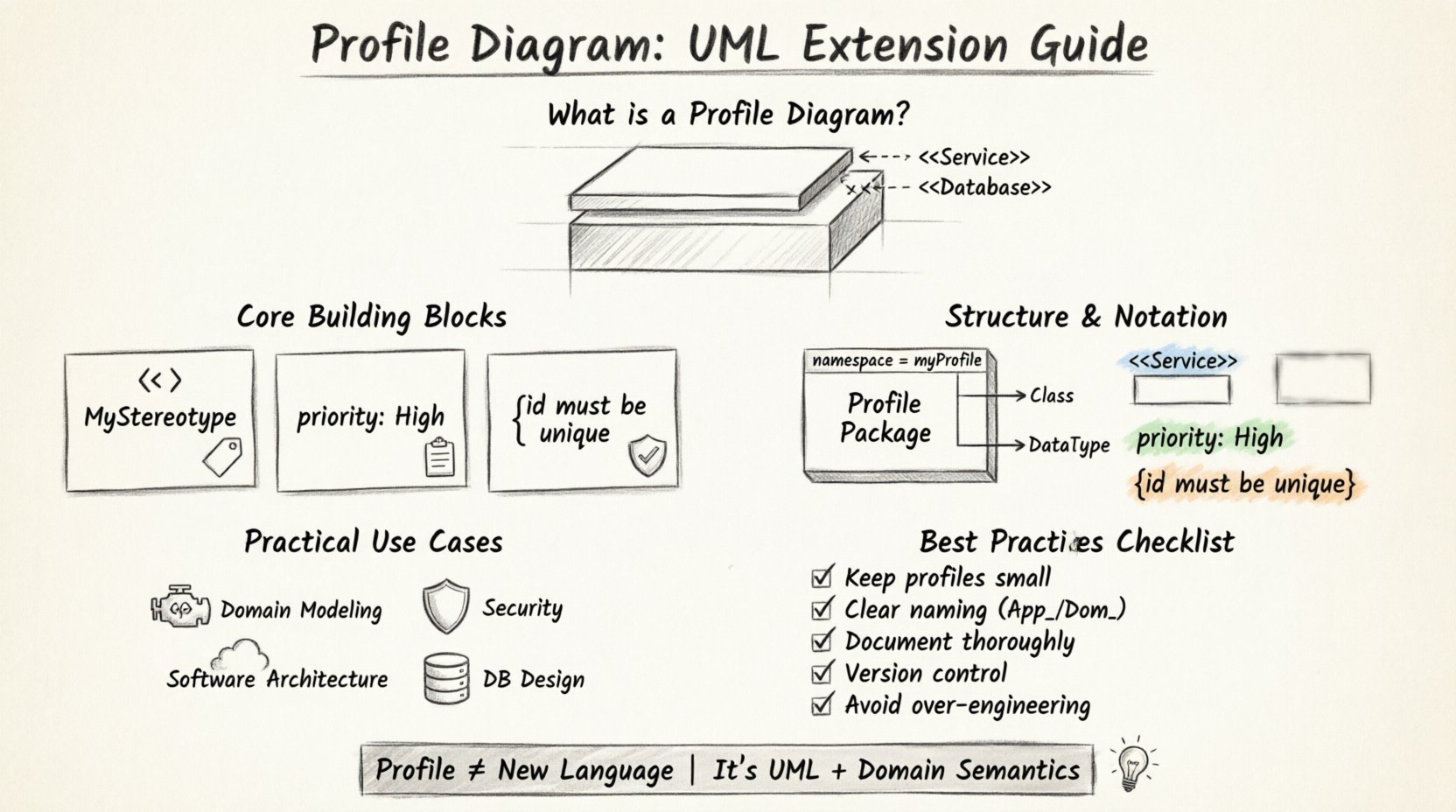 Sketch-style infographic explaining UML Profile Diagrams: shows core concepts including stereotypes with guillemet notation, tagged values as key-value pairs, and constraints in braces; illustrates profile package structure with namespace management and UML metamodel extension; features practical use cases for domain modeling, microservices architecture, security, and database design; includes best practices checklist for maintainable profile implementation; educational visual guide for software architects and systems engineers