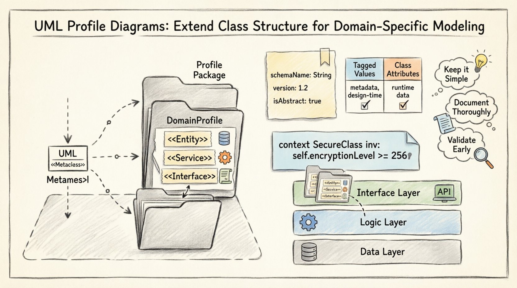 Hand-drawn infographic explaining how to model class structure using UML Profile Diagrams, showing stereotypes like Entity, Service, and Interface, tagged values, extension points, OCL constraints, and best practices for domain-specific system modeling with visual flow from metamodel to applied class diagrams