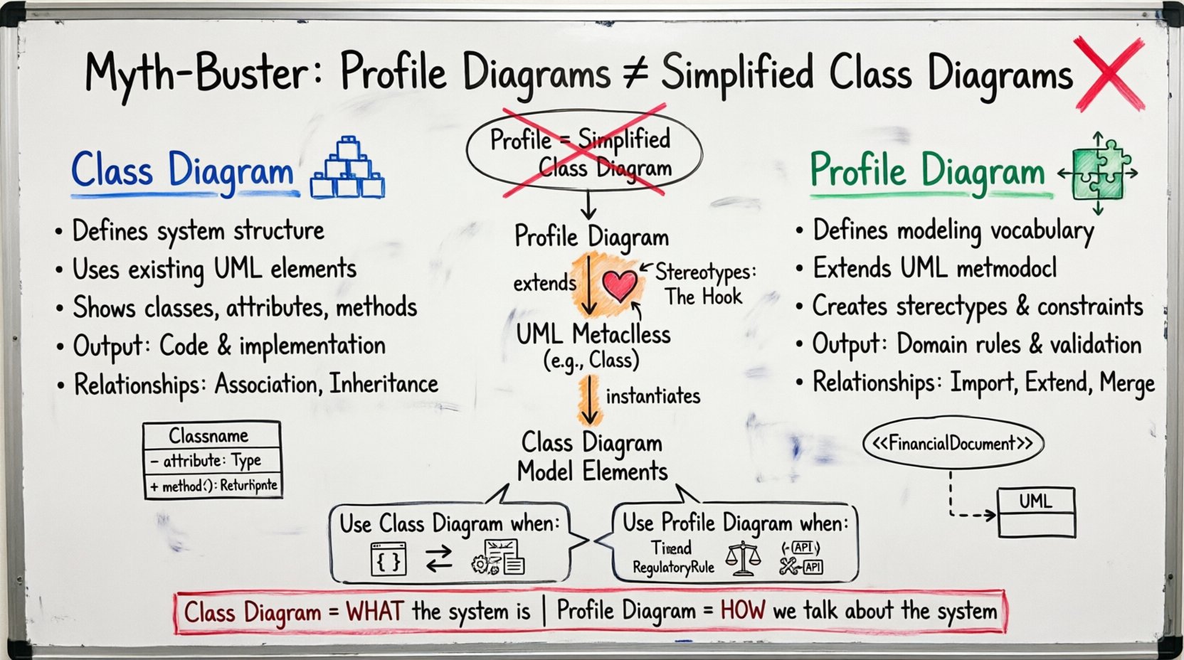 Hand-drawn whiteboard infographic comparing UML Profile Diagrams and Class Diagrams: visual guide showing Profile Diagrams extend the UML metamodel using stereotypes and constraints while Class Diagrams define system structure with classes and relationships, featuring colored marker sections, metamodel hierarchy diagram, and key use cases for model-driven architecture